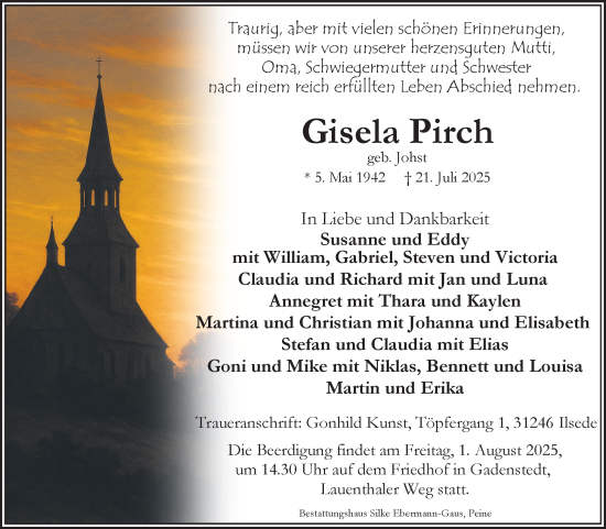 Traueranzeige von Gisela Pirch von Volksstimme Altmark Ost