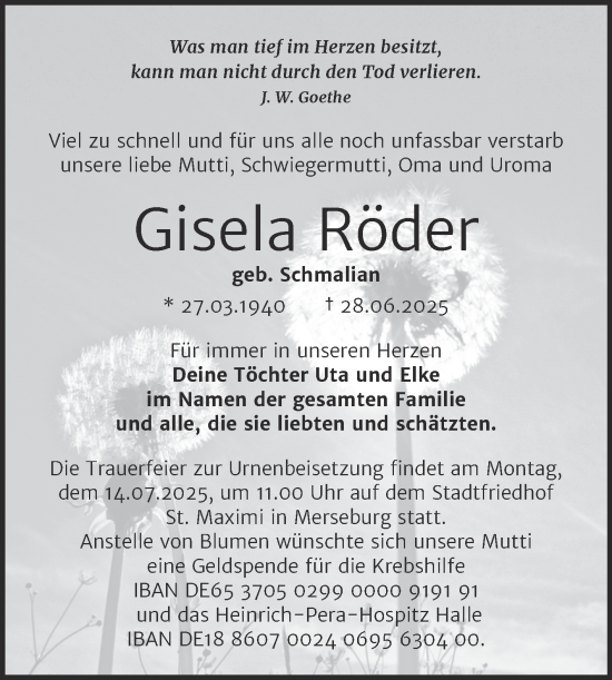 Traueranzeige von Gisela Röder von Trauerkombi Merseburg