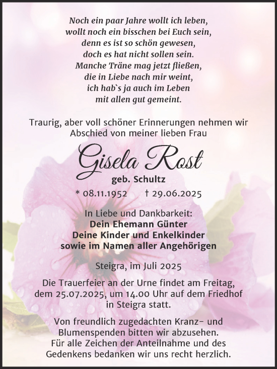 Traueranzeige von Gisela Rost von Trauerkombi Merseburg