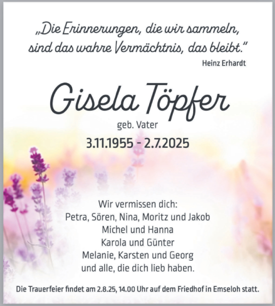 Traueranzeige von Gisela Töpfer von Trauerkombi Sangerhausen