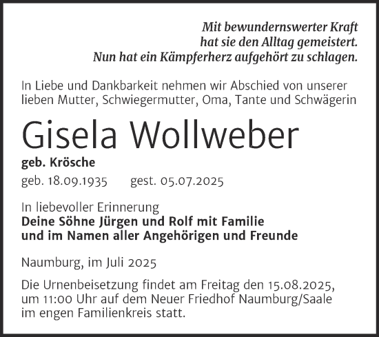Traueranzeige von Gisela Wollweber von Naumburger Tageblatt