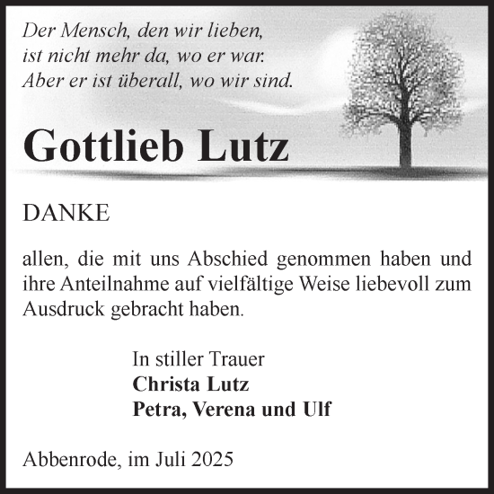 Traueranzeige von Gottlieb Lutz von Volksstimme Wernigerode