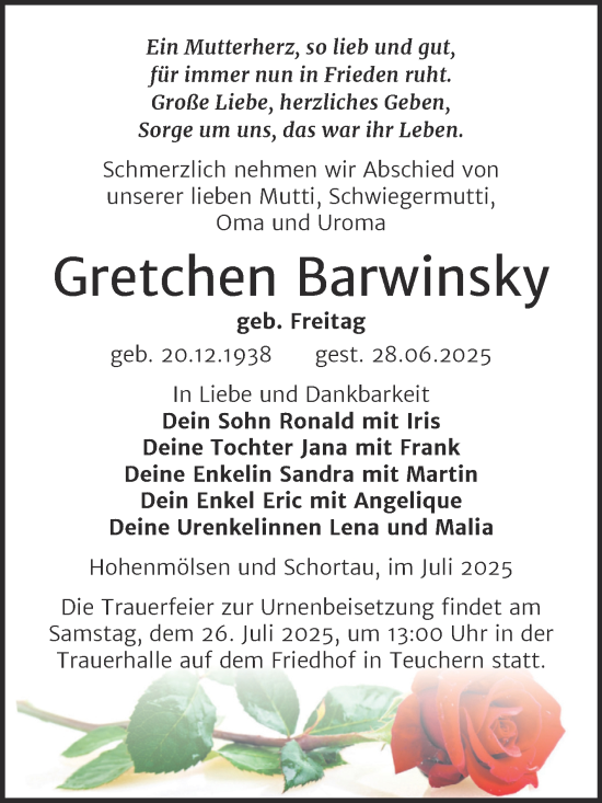Traueranzeige von Gretchen Barwinsky von Trauerkombi Weißenfels