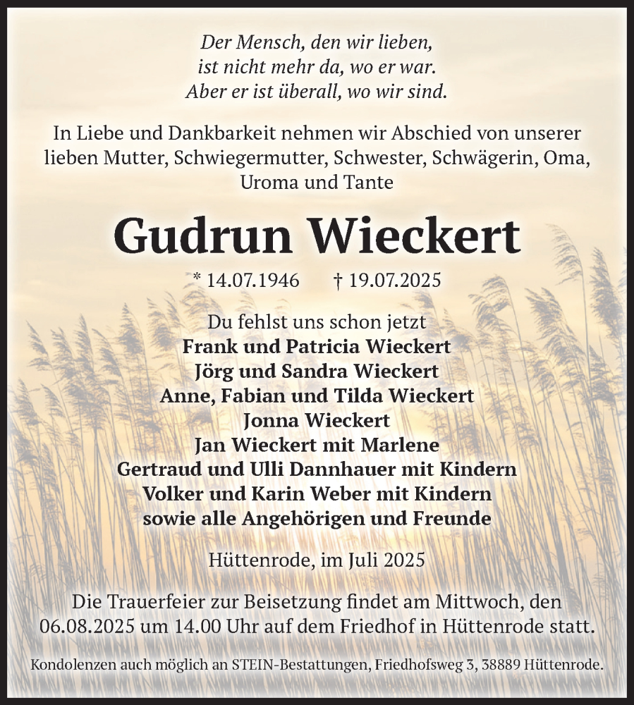  Traueranzeige für Gudrun Wieckert vom 26.07.2025 aus Volksstimme Wernigerode