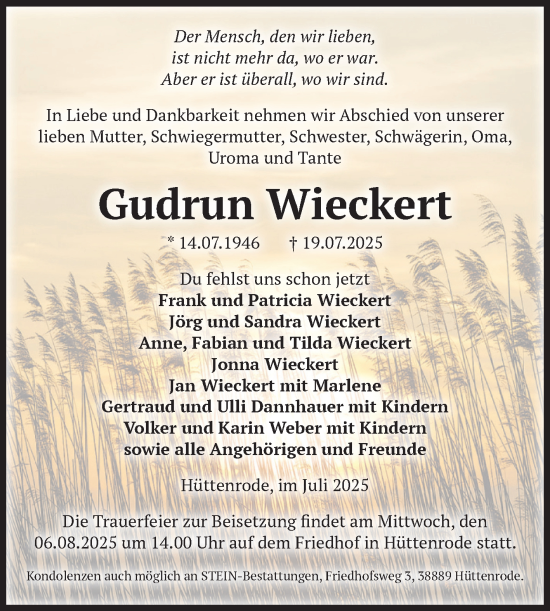 Traueranzeige von Gudrun Wieckert von Volksstimme Wernigerode