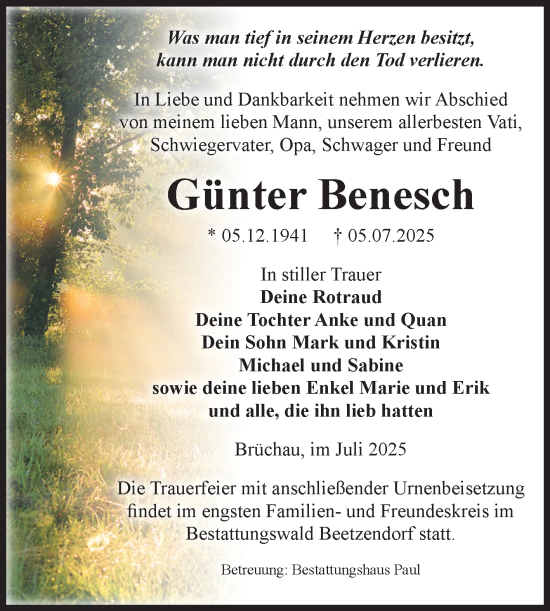 Traueranzeige von Günter Benesch von Volksstimme Altmark West