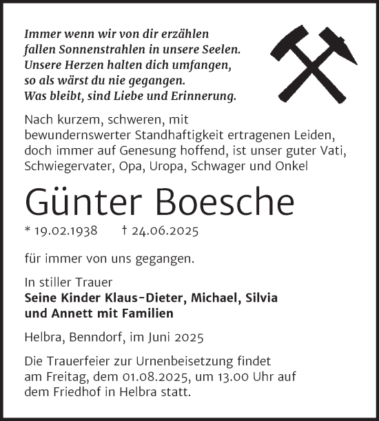 Traueranzeige von Günter Boesche von Trauerkombi Mansfelder Land