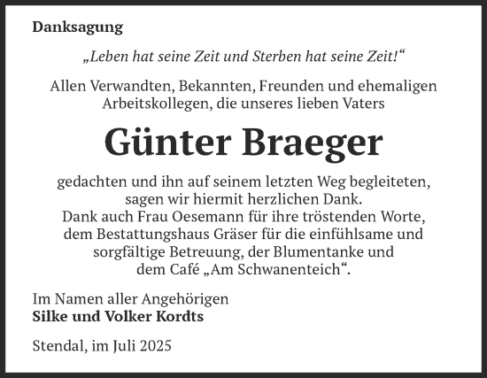 Traueranzeige von Günter Braeger von Volksstimme Altmark Ost