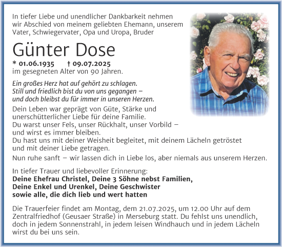 Traueranzeige von Günter Dose von Trauerkombi Merseburg