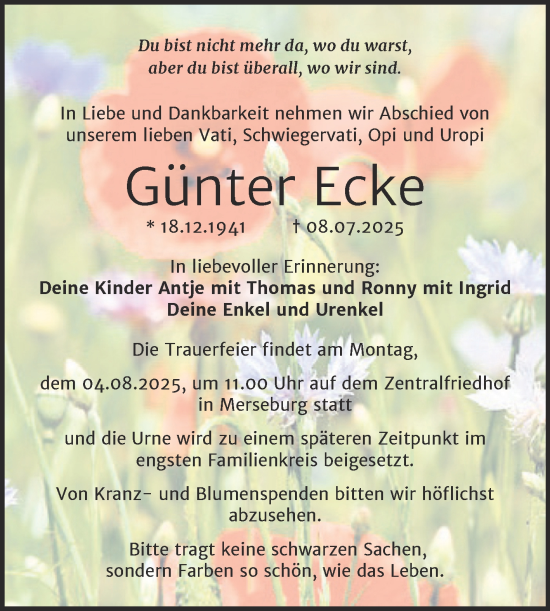 Traueranzeige von Günter Ecke von Trauerkombi Merseburg