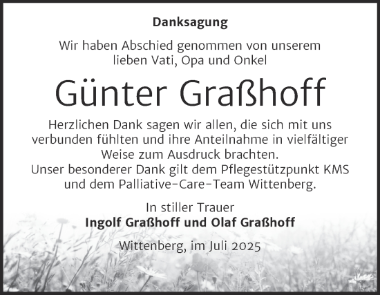 Traueranzeige von Günter Graßhoff von Trauerkombi Wittenberg