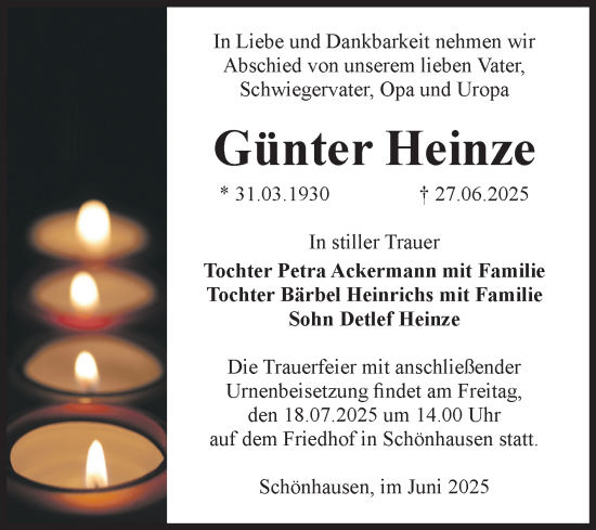 Traueranzeige von Günter Heinze von Volksstimme Altmark Ost