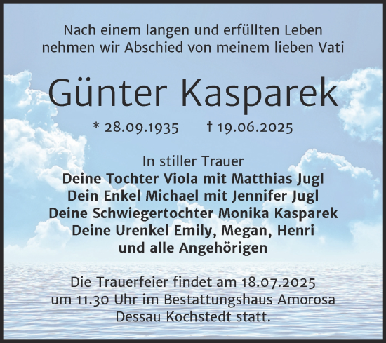 Traueranzeige von Günter Kasparek von Trauerkombi Dessau