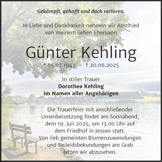 Traueranzeige von Günter Kehling von Super Sonntag Wittenberg