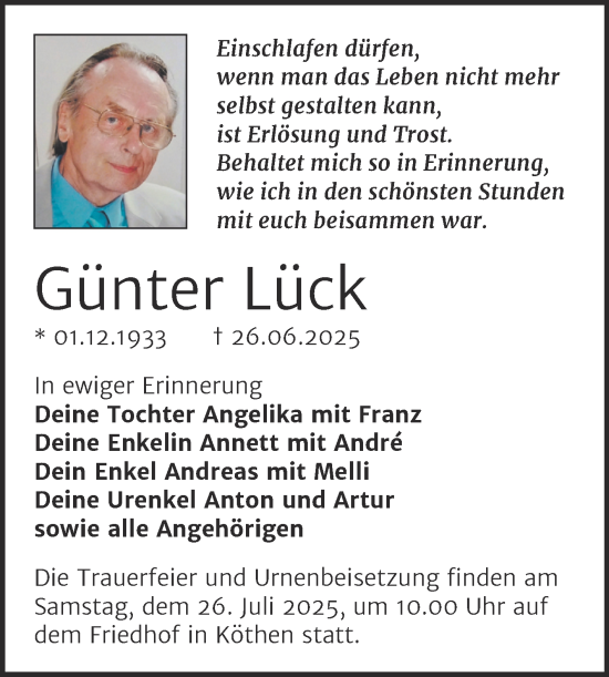 Traueranzeige von Günter Lück von Trauerkombi Köthen