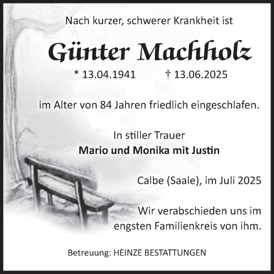 Traueranzeige von Günter Machholz von Volksstimme Schönebeck