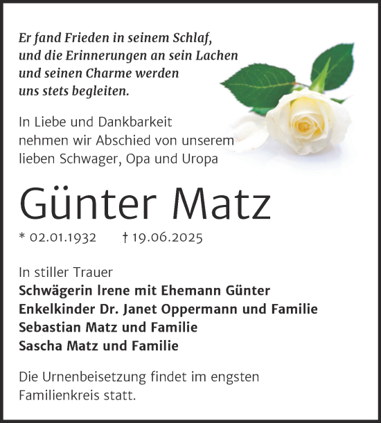 Traueranzeige von Günter Matz von Trauerkombi Wittenberg