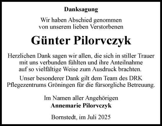 Traueranzeige von Günter Pilorvczyk von Volksstimme Oschersleben/Wanzleben
