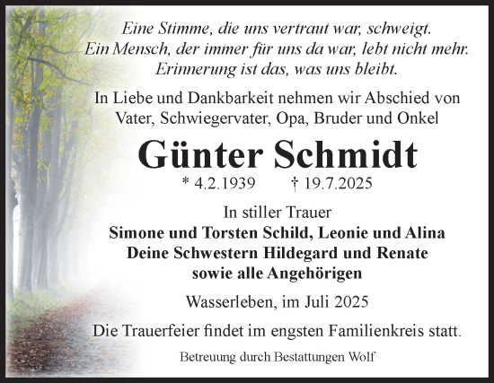 Traueranzeige von Günter Schmidt von Volksstimme Wernigerode