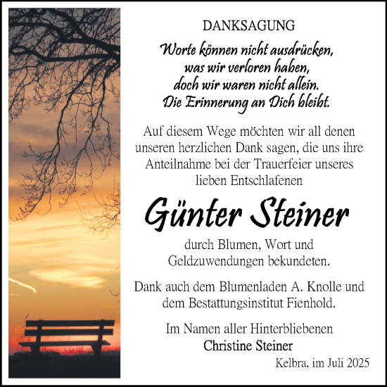Traueranzeige von Günter Steiner von Trauerkombi Sangerhausen