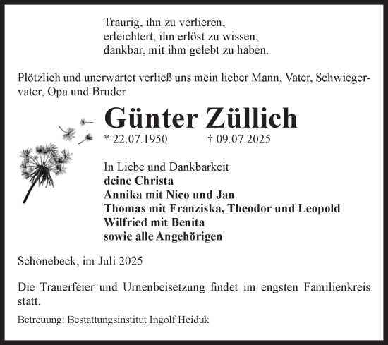 Traueranzeige von Günter Züllich von Volksstimme Burg/Genthin