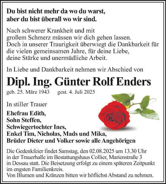 Traueranzeige von Günter Rolf Enders von Trauerkombi Dessau