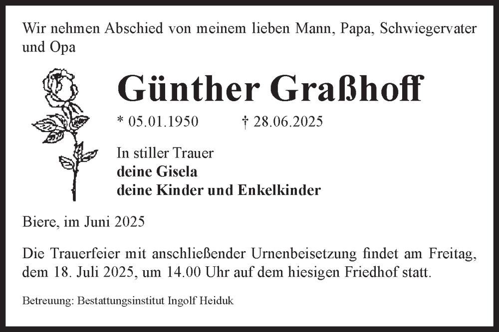  Traueranzeige für Günther Graßhoff vom 12.07.2025 aus Volksstimme Schönebeck