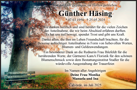 Traueranzeige von Günther Häsing von Volksstimme Haldensleben/Wolmirstedt