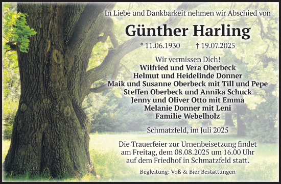 Traueranzeige von Günther Harling von Volksstimme Halberstadt