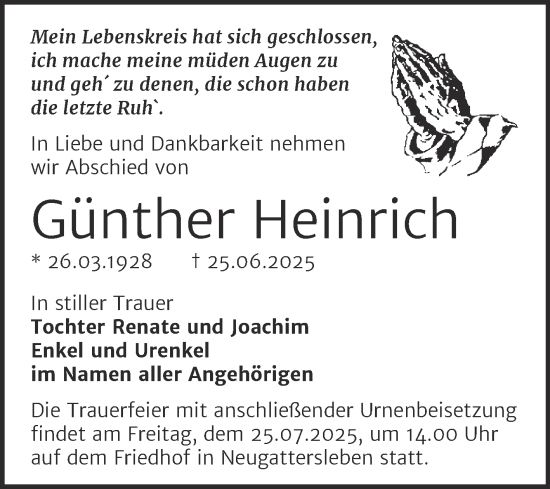 Traueranzeige von Günther Heinrich von Trauerkombi Bernburg