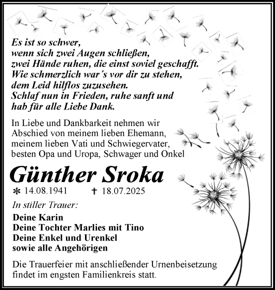 Traueranzeige von Günther Sroka von Trauerkombi Wittenberg