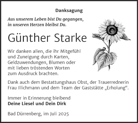 Traueranzeige von Günther Starke von Trauerkombi Merseburg