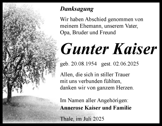 Traueranzeige von Gunter Kaiser von Trauerkombi Quedlinburg