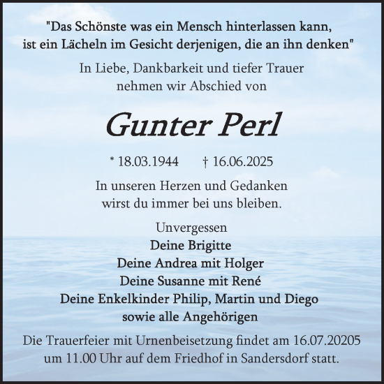 Traueranzeige von Gunter Perl von Trauerkombi Bitterfeld