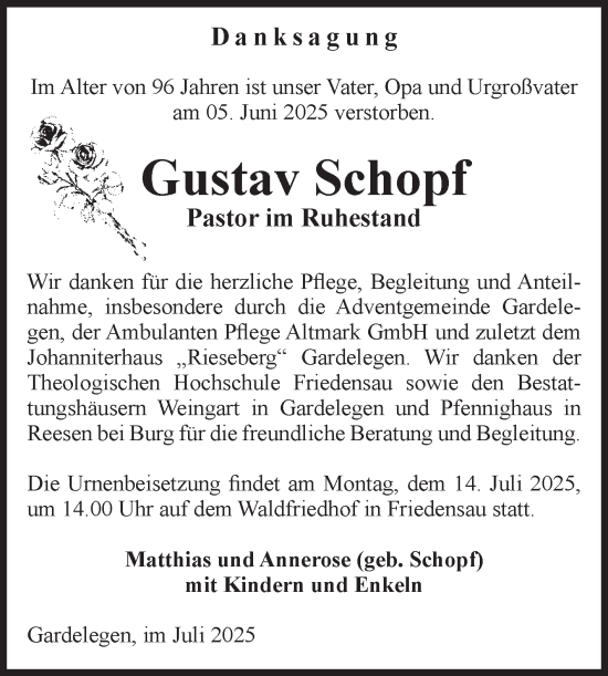 Traueranzeige von Gustav Schopf von Volksstimme Altmark West