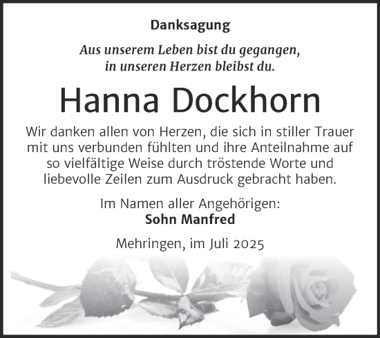 Traueranzeige von Hanna Dockhorn von Trauerkombi Aschersleben