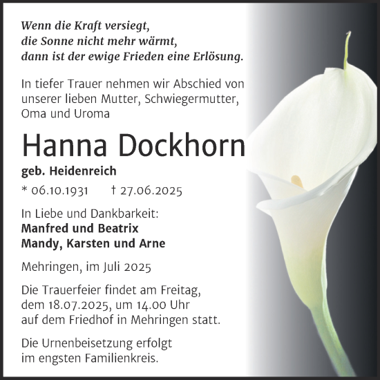 Traueranzeige von Hanna Dockhorn von Trauerkombi Aschersleben