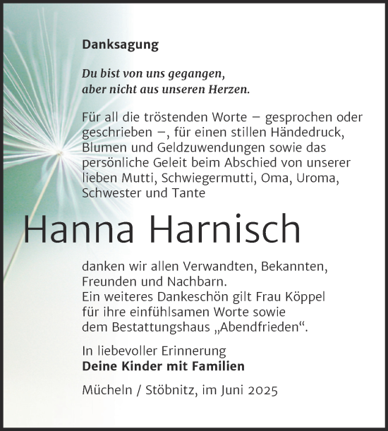 Traueranzeige von Hanna Harnisch von Trauerkombi Merseburg