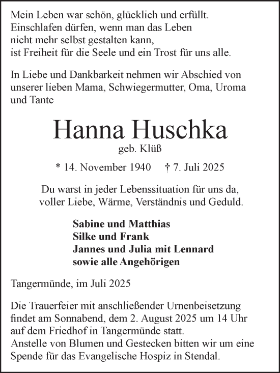 Traueranzeige von Hanna Huschka von Volksstimme Altmark Ost
