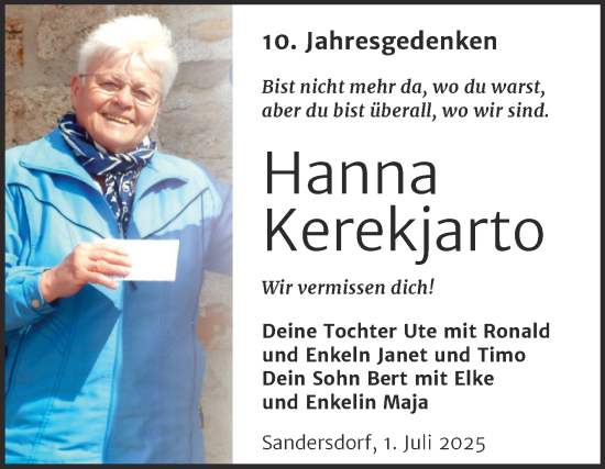 Traueranzeige von Hanna Kerekjarto von Trauerkombi Bitterfeld
