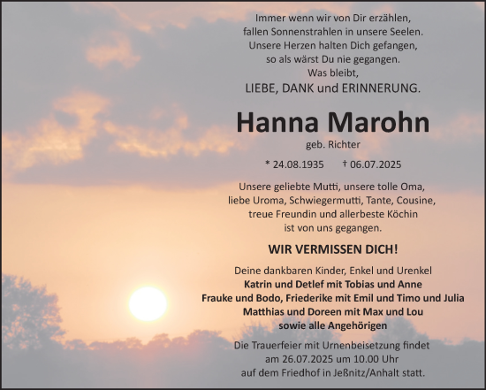 Traueranzeige von Hanna Marohn von Trauerkombi Bitterfeld