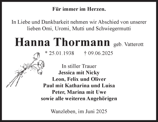 Traueranzeige von Hanna Thormann von Volksstimme Oschersleben/Wanzleben