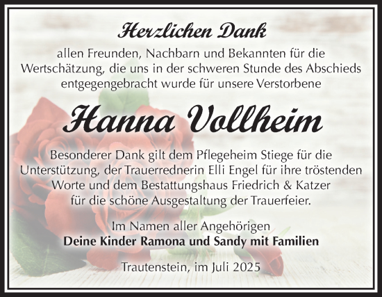 Traueranzeige von Hanna Vollheim von Volksstimme Wernigerode