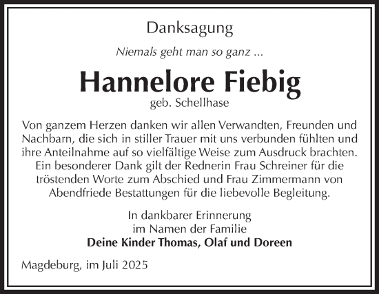 Traueranzeige von Hannelore Fiebig von Volksstimme Magdeburg