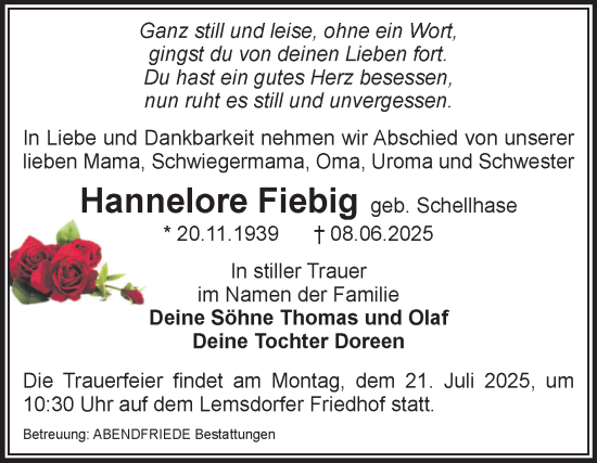 Traueranzeige von Hannelore Fiebig von Volksstimme Magdeburg