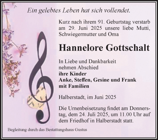 Traueranzeige von Hannelore Gottschalt von Volksstimme Halberstadt