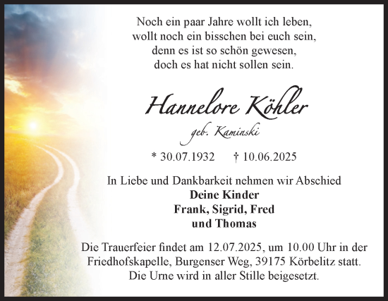 Traueranzeige von Hannelore Köhler von Volksstimme Burg/Genthin