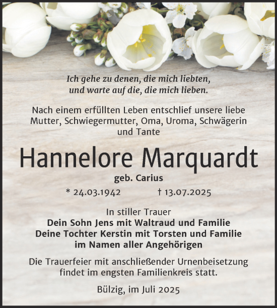 Traueranzeige von Hannelore Marquardt von Trauerkombi Wittenberg