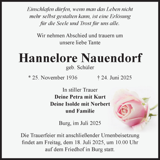 Traueranzeige von Hannelore Nauendorf von Volksstimme Burg/Genthin