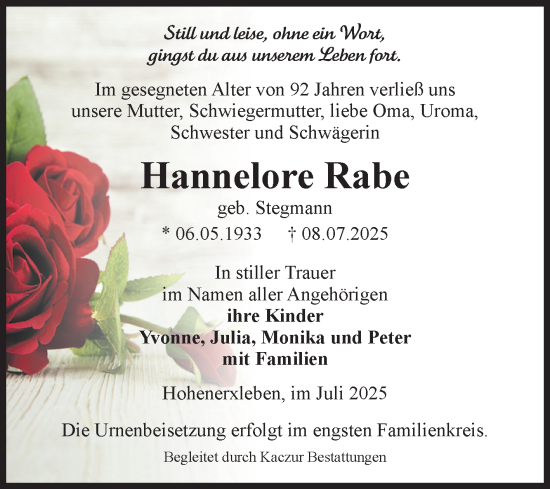 Traueranzeige von Hannelore Rabe von Volksstimme Staßfurt